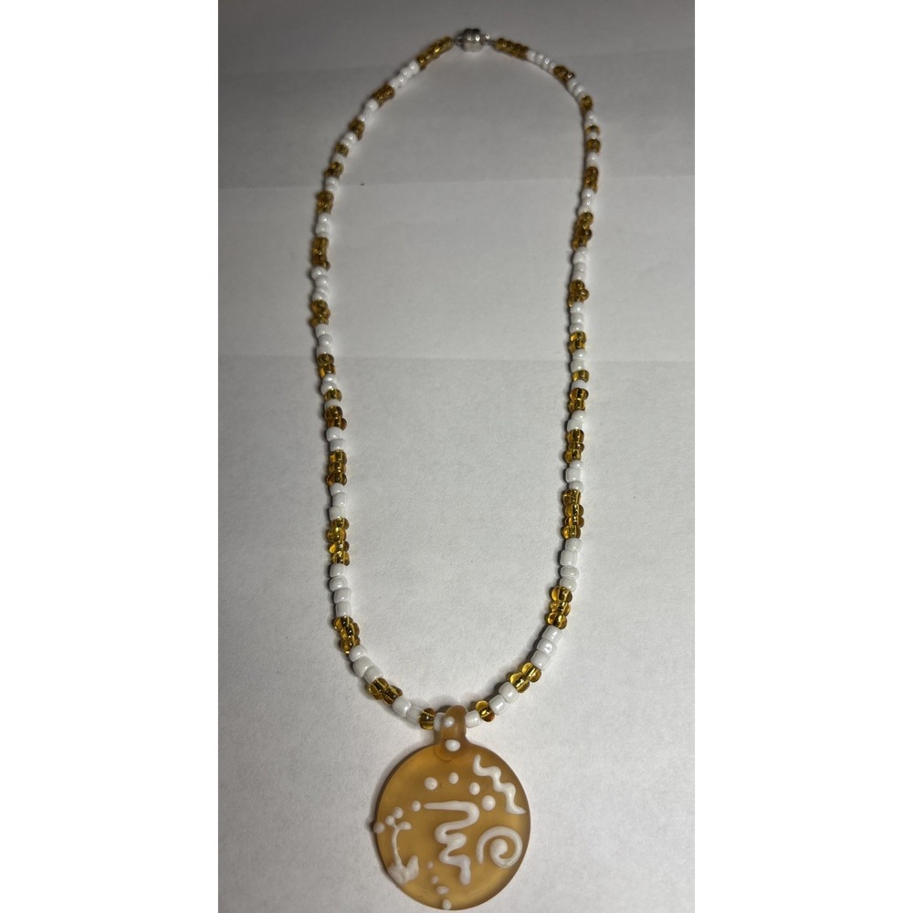 Artisan Lampwork Glass Pendant Necklace White Gold Seed Beads Tribal 18"